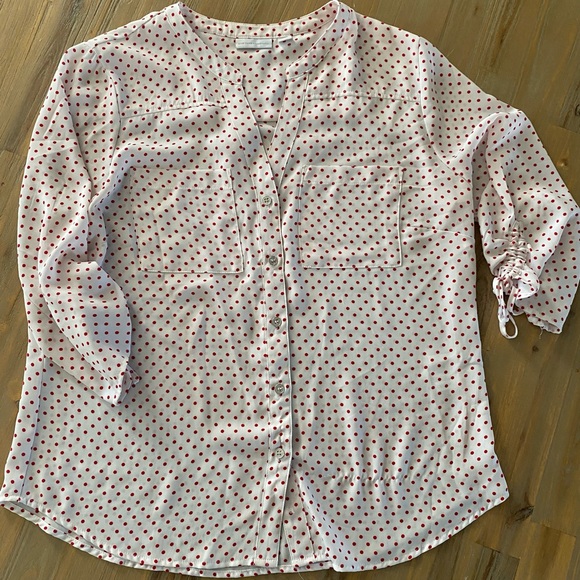 New York & Co, White w /red polka dot blouse, L - Picture 1 of 12